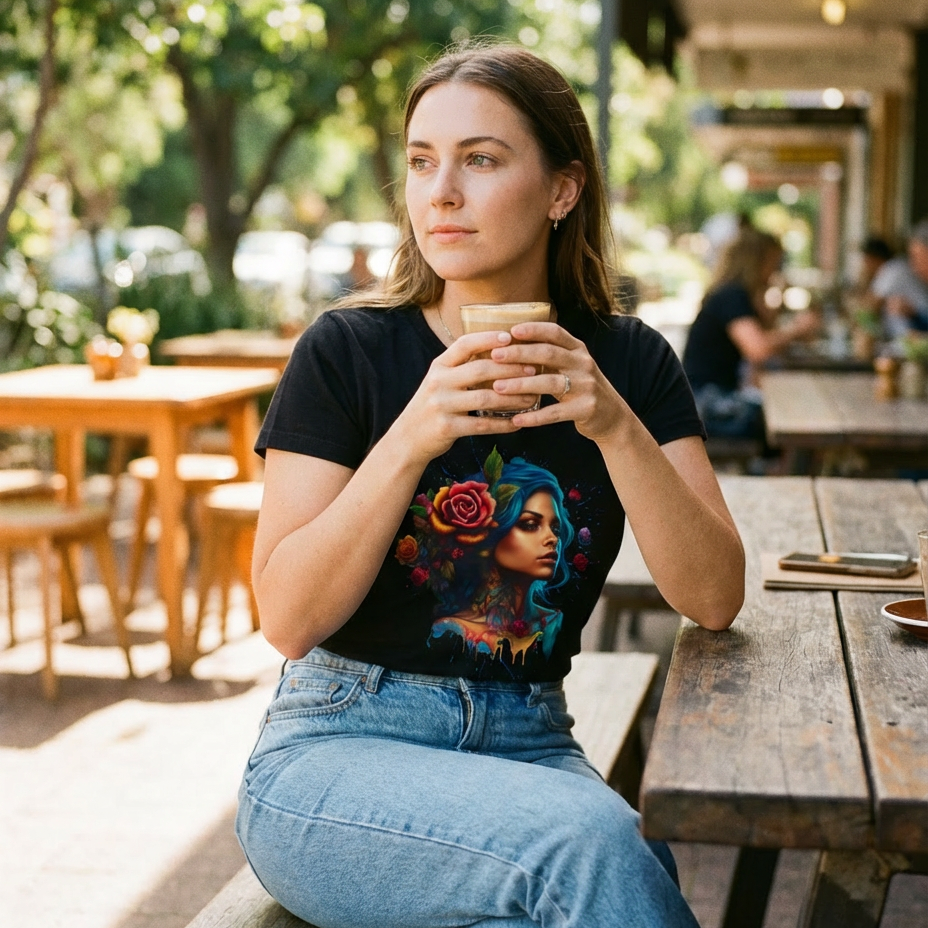 Woman sitting outdoors at a wooden table holding a cup, wearing a black t-shirt with a colorful design.